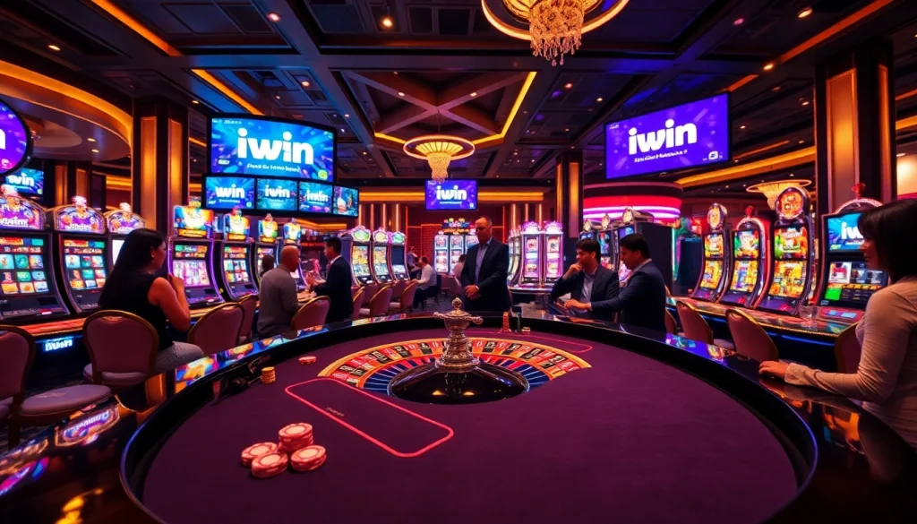 iwin casino scene depicting players enjoying roulette and slots in a vibrant atmosphere.