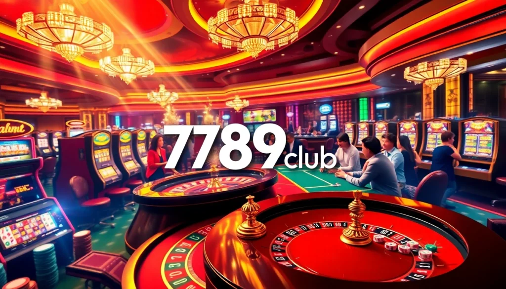 A vibrant casino scene with players enjoying games at 789club featuring roulette and poker tables.