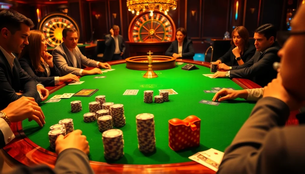 Players experiencing the thrill of win55 at a luxury casino poker game with vibrant chips.