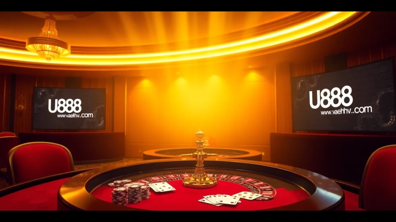 Experience thrilling gameplay at u888hv.com with luxury casino setups showcasing cards and roulette.