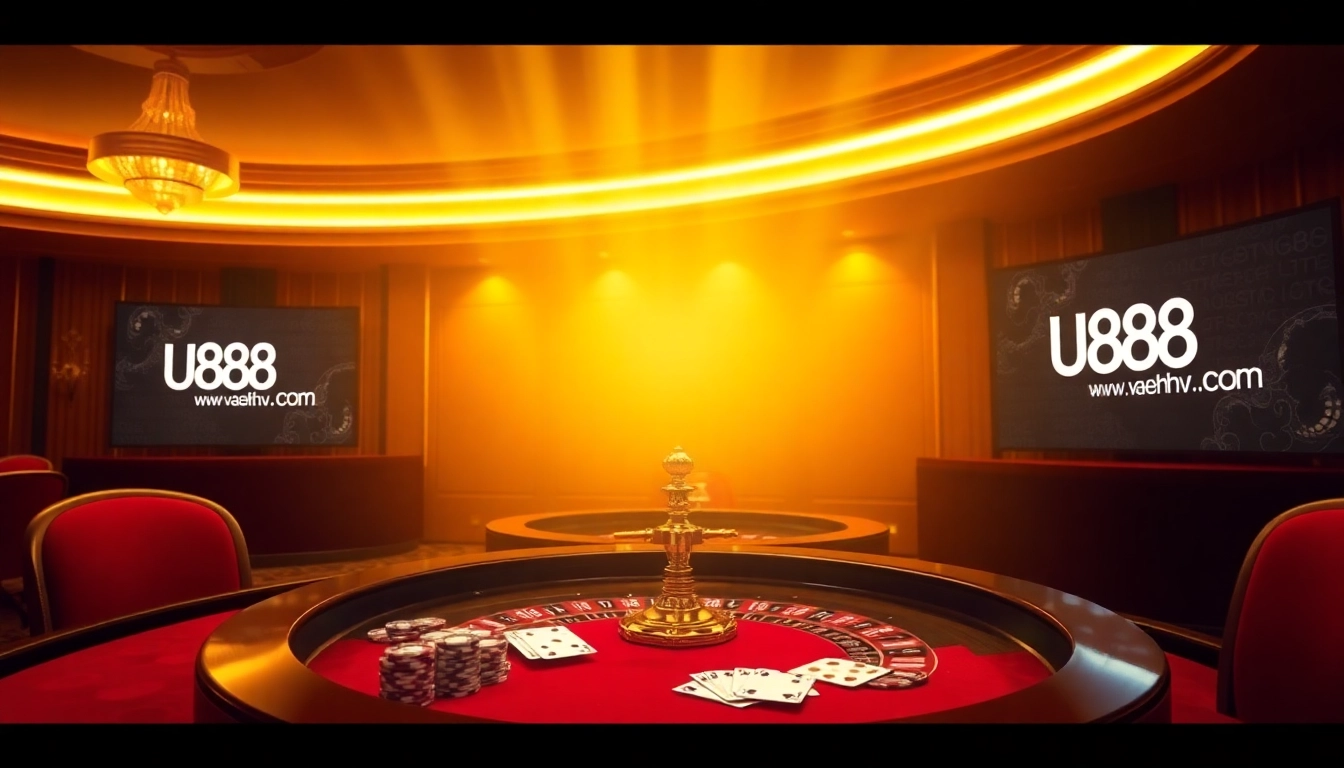Experience thrilling gameplay at u888hv.com with luxury casino setups showcasing cards and roulette.