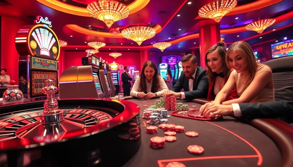 Engaging casino scene featuring ABC8-themed poker games and vibrant slot machines.