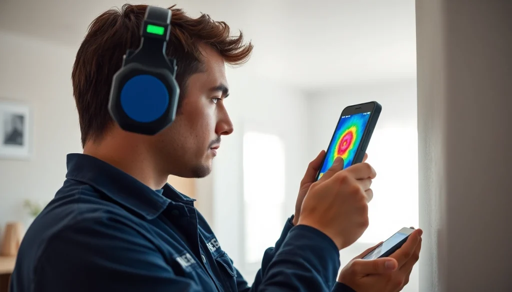 Professional technician conducting water leak detection in a home using advanced technology.