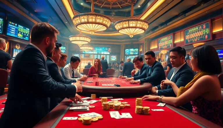 Intense betting action in a lively casino showcasing BJ88 trang da ga with players engaged in cockfighting.