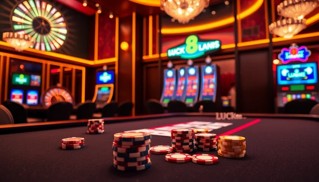 Experience the thrill of Luck8 in a luxurious casino setting with tables and slot machines.
