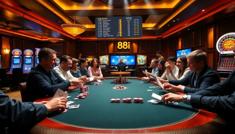 Players enjoying a high-stakes poker game at 888vi casino, featuring colorful chips and cards.