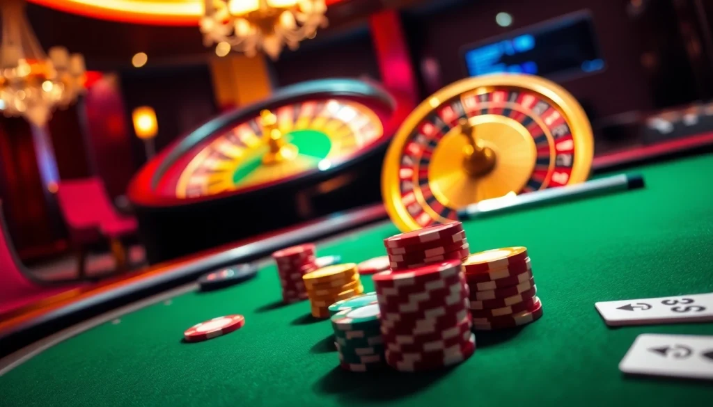 Experience intense poker action at luckywin 882 com with vibrant chips and cards in a luxurious casino setting.