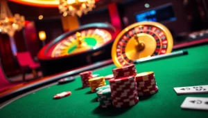 Experience intense poker action at luckywin 882 com with vibrant chips and cards in a luxurious casino setting.