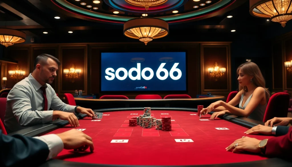 Sodo66 gaming experience with poker players enjoying a luxurious casino setting.