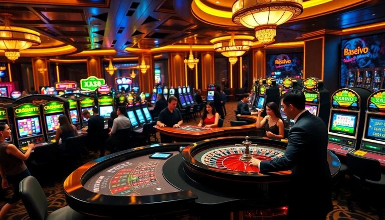 Experience excitement at XX88's vibrant casino gaming floor filled with roulette tables and slot machines.