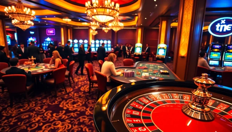 Gamblers enjoying games at a vibrant casino with TPJ branding in a luxurious setting.