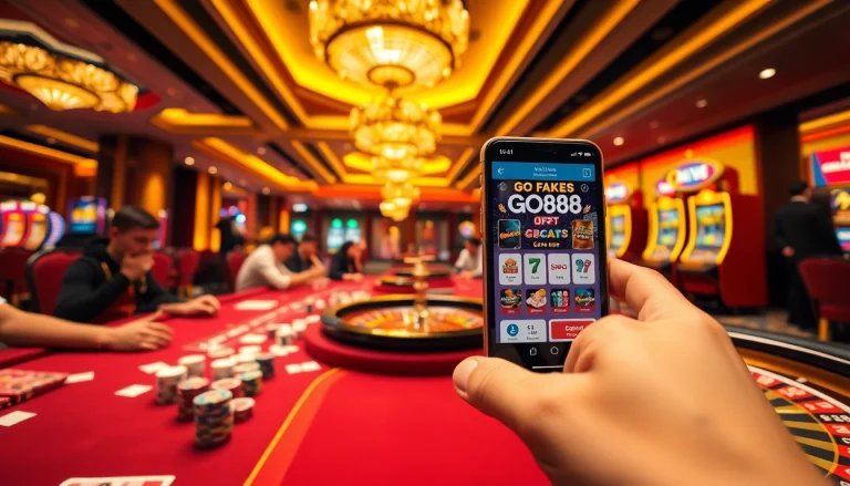 Players engaging in thrilling gambling activities at GO88, showcasing poker, roulette, and vibrant slot machines.