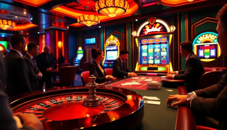 Experience the thrill of gambling at vaobet with vivid casino visuals of poker tables and roulette wheels.