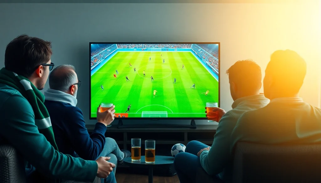 Excited fans enjoying a live Premier League match on vaoluoitv, showcasing vibrant atmosphere and Full HD clarity.
