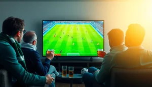 Excited fans enjoying a live Premier League match on vaoluoitv, showcasing vibrant atmosphere and Full HD clarity.