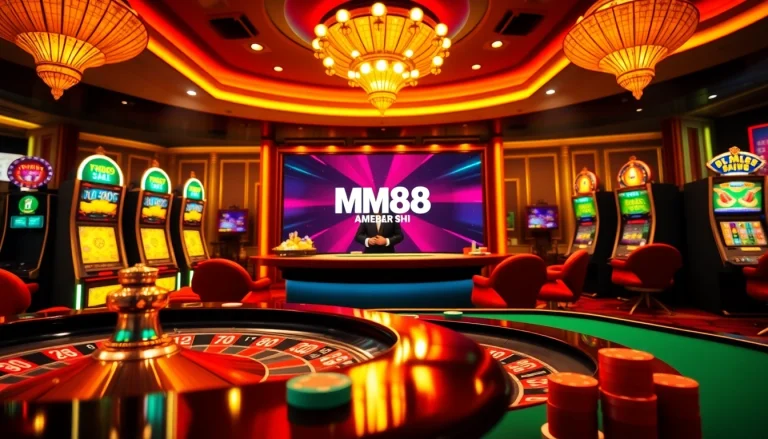 Experience thrilling gameplay at MM88 SH with an exciting casino atmosphere featuring poker tables and roulette wheels.