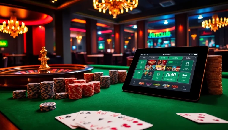 HITCLUB showcases an exciting casino scene with a roulette wheel and poker chips, inviting thrilling gameplay.