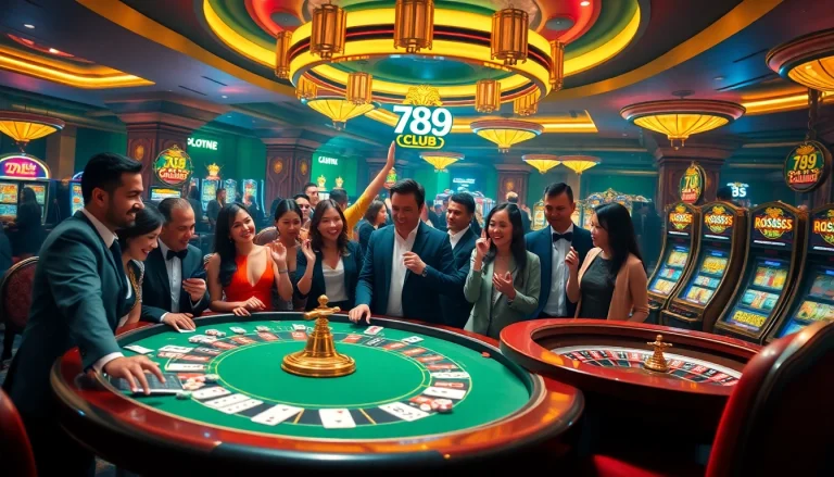 Engaging scene at the 789 club casino with players celebrating at a poker table.