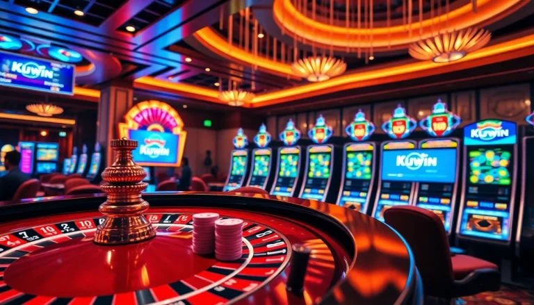Kuwin casino gaming with vibrant slot machines and roulette tables showcasing excitement.