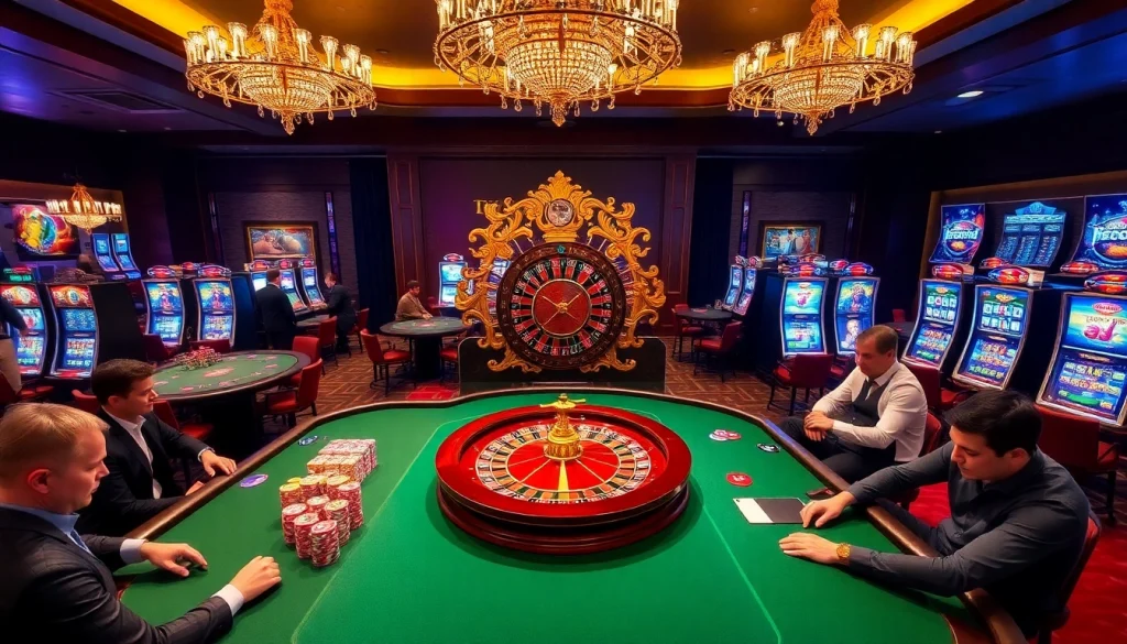 Experience the thrill of fly88 with luxurious casino elements like roulette wheels and poker tables.