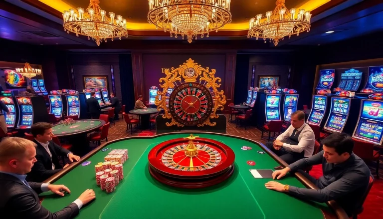 Experience the thrill of fly88 with luxurious casino elements like roulette wheels and poker tables.