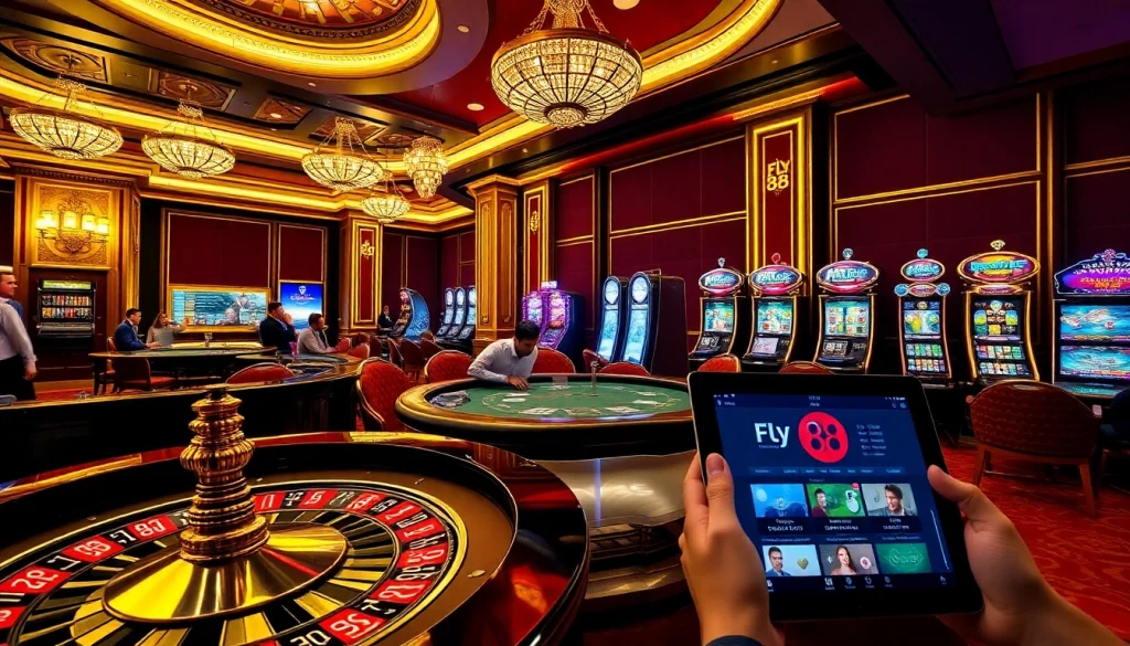 Experience the excitement of FLY 88 as players engage at table and slot games in a luxurious casino.