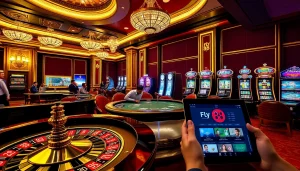 Experience the excitement of FLY 88 as players engage at table and slot games in a luxurious casino.