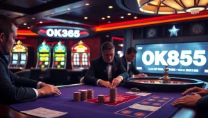 Players engaged in a high-stakes poker game at OK365 casino, showcasing excitement and luxury.