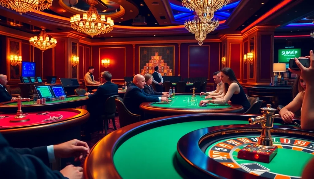 Engage in thrilling gambling action at a sumvip casino with poker chips and roulette.