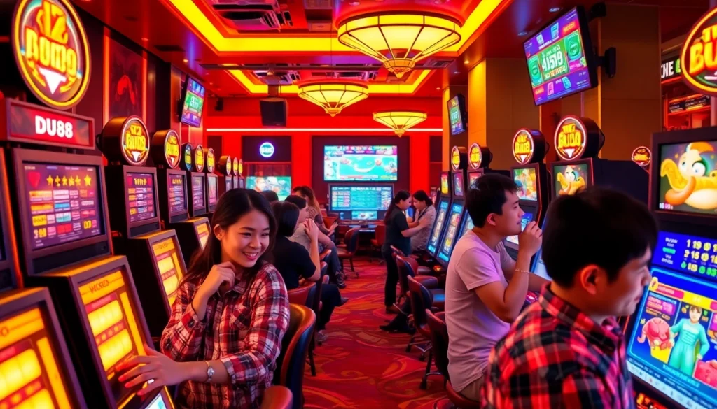Experience the thrill of DU88 online gambling with players enjoying diverse games in a vibrant setting.