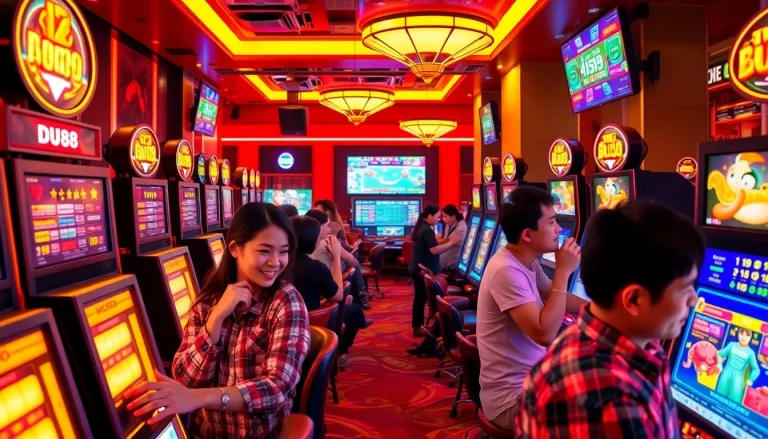 Experience the thrill of DU88 online gambling with players enjoying diverse games in a vibrant setting.
