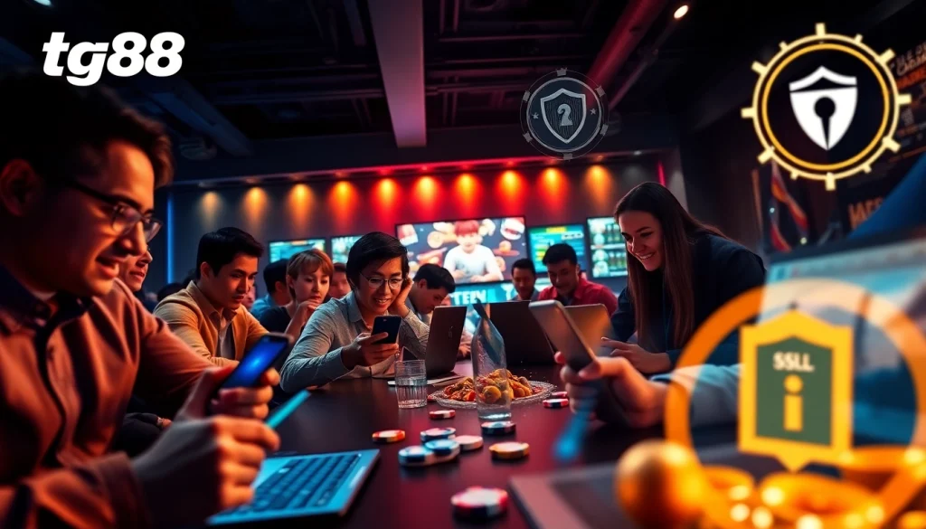Dynamic gaming scene illustrating tg88 to's innovative online gambling platform with diverse players enjoying secure entertainment.