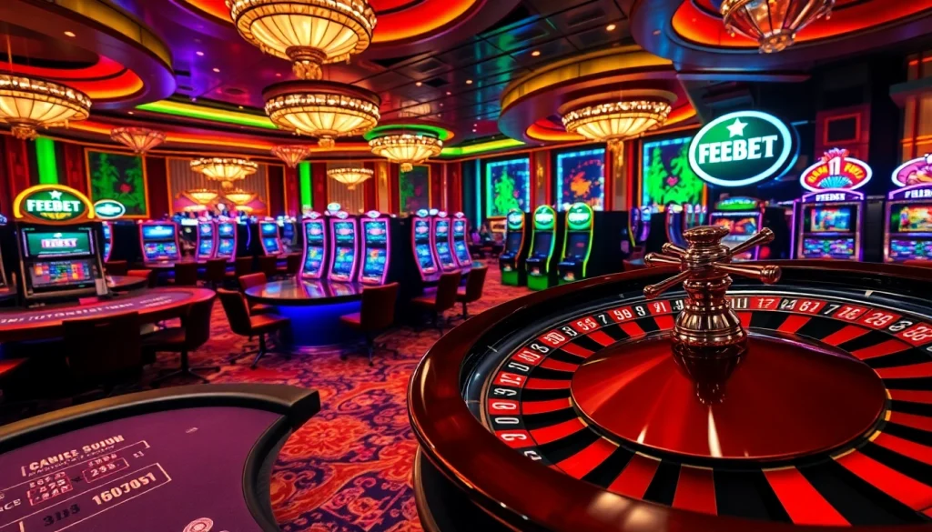 Experience the thrilling excitement of gambling at FEBET's luxurious casino, highlighting vibrant tables and slot machines.