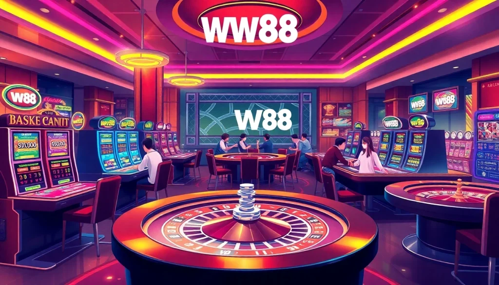 Players at a luxurious WW88 casino table enjoying baccarat and slot machines.