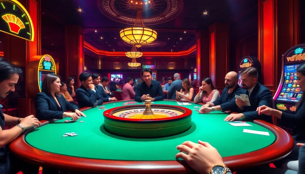 Experience thrilling gaming at bet168 with a dynamic casino scene featuring roulette, poker chips, and excitement.