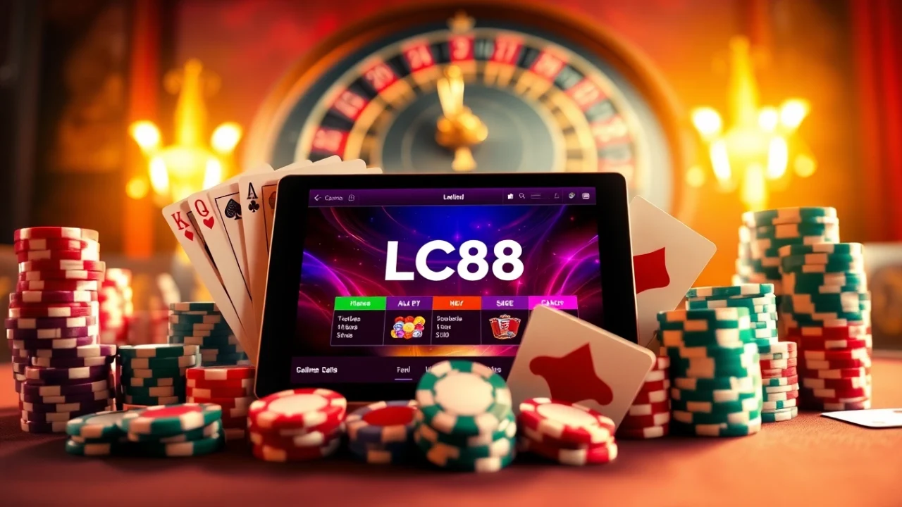 Experience the excitement of Lc88 hiện đang mở with vibrant casino elements and a digital tablet interface.