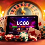 Experience the excitement of Lc88 hiện đang mở with vibrant casino elements and a digital tablet interface.