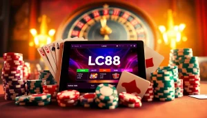 Experience the excitement of Lc88 hiện đang mở with vibrant casino elements and a digital tablet interface.