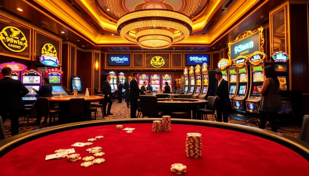 Experience the excitement of 98win at a lively casino table with poker chips and cards.