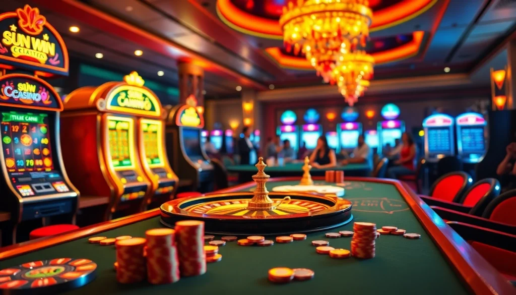 Intense players engaging at the luxurious sun win casino table surrounded by vibrant gambling elements.