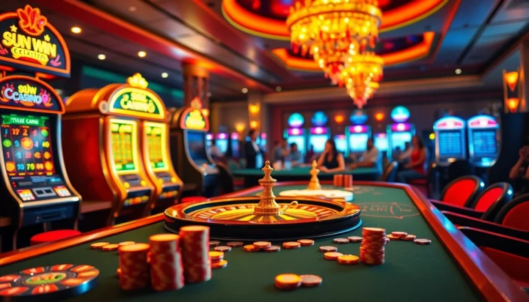 Intense players engaging at the luxurious sun win casino table surrounded by vibrant gambling elements.