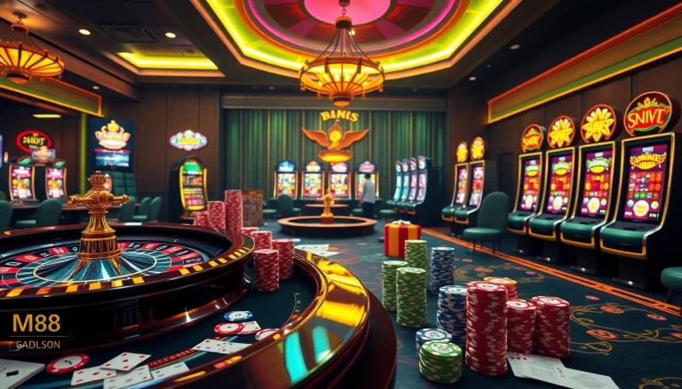 Experience the thrill of NHÀ CÁI MM88 with a luxurious casino scene featuring exciting games and vibrant atmosphere.