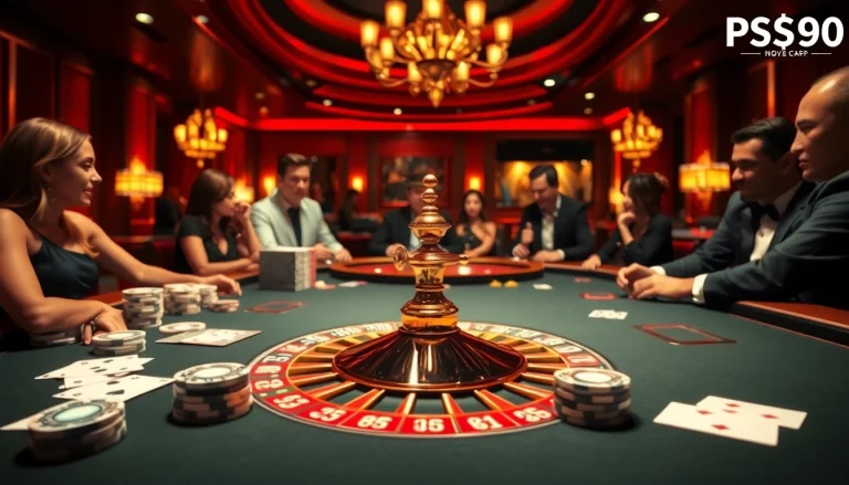 Engaging scene of gamblers at the nhà cái PS99 poker table with vibrant chips and cards