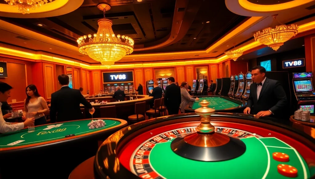 Excited players engaging at the TV88 casino with roulette and poker tables, showcasing thrilling gambling action.