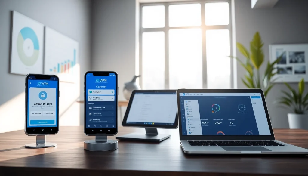 在多台设备上显示的快连VPN界面，展示安全且快速的互联网连接。