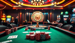 Experience high-stakes gambling at https://rr88.se.net/ with a luxurious poker table and roulette wheel.