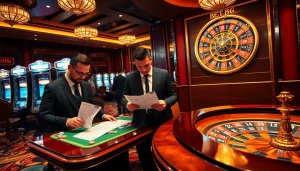 Kèo bóng đá bet88 gamblers reviewing odds at a luxurious casino with vibrant betting action.