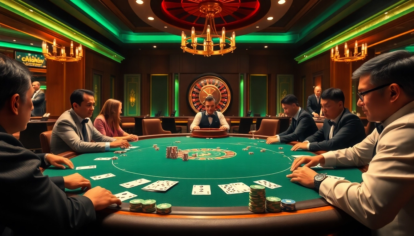 Experience high-stakes action with players engaged at a uu88 poker table in a luxurious casino.