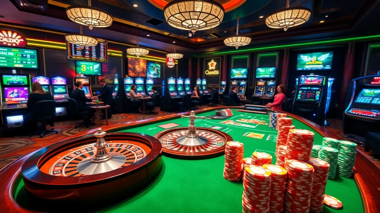 Players enjoying a luxurious gambling experience with rikvip, featuring poker chips and exciting slot machines.