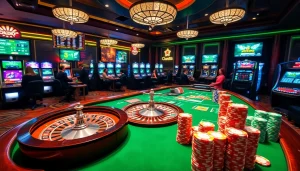 Players enjoying a luxurious gambling experience with rikvip, featuring poker chips and exciting slot machines.